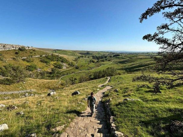 Walker on stone path passing through green landscape