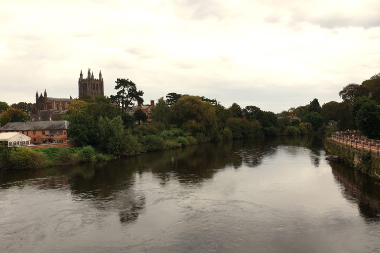 The Wye River running through the City of Hereford, with the Cathedral in the picture.  