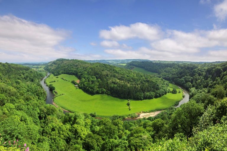 Ariel view of the Wye River, with green fields and trees