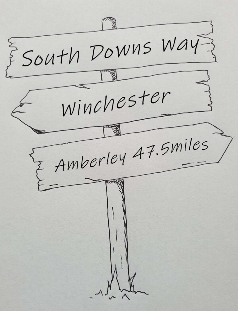 Hand drawn sign post showing the South Downs Way west section