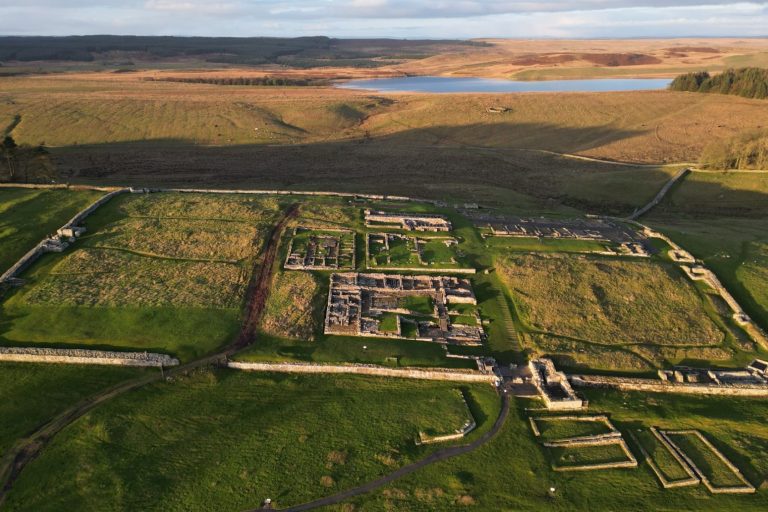 Ariel view over Housesteads Roman ruins on the Hadrian's Wall