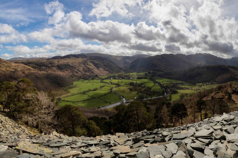 Borrowdale looking towards Rosthwaite from Castle Crag over a slate path.