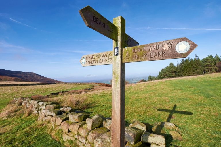 Wooden sign for Cleveland Way, pointing to Clay Bank