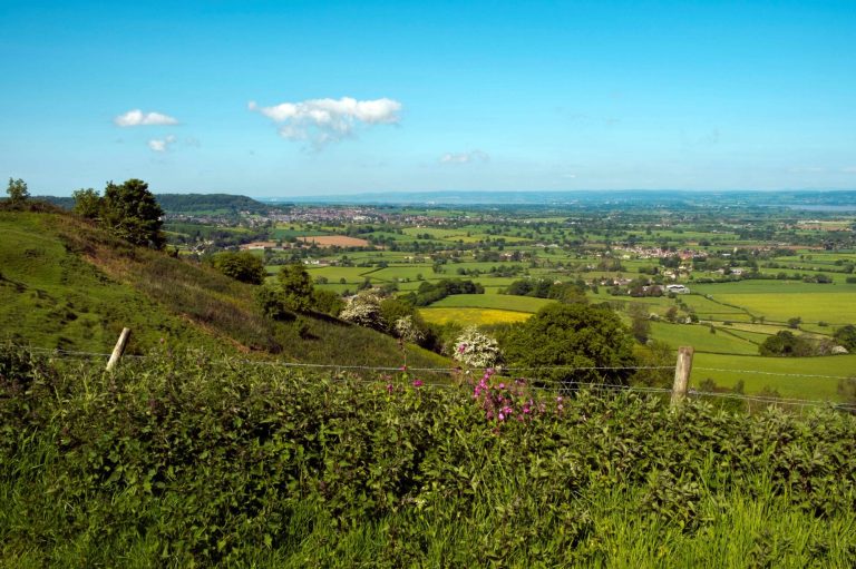 View over lush green fields from Coaley Peak on the Cotswold Way