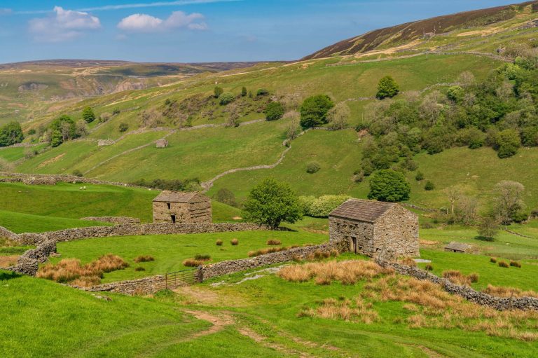 Views over the Yorkshire Dales from Gunnerside showing lots of old stone barns
