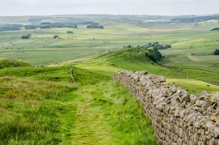 View along the green hills with Hadrian's wall going off into the distance