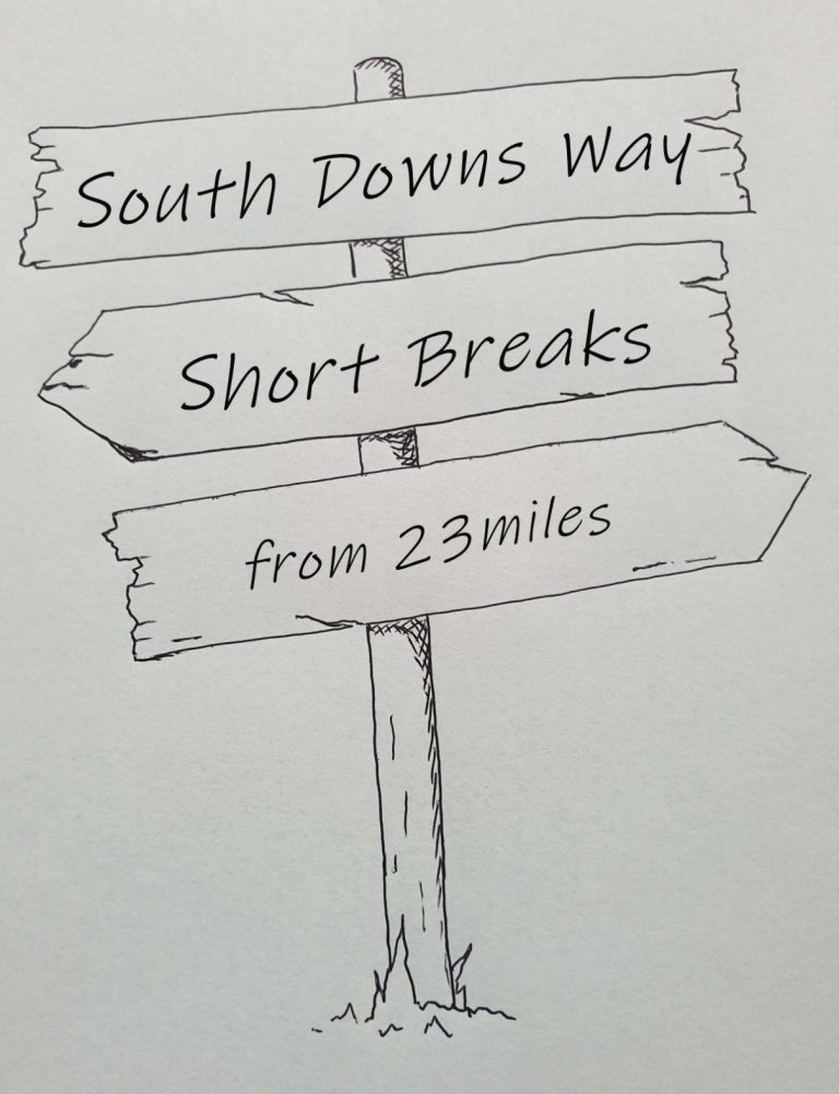 Hand drawn sign post showing the South Downs Way short breaks