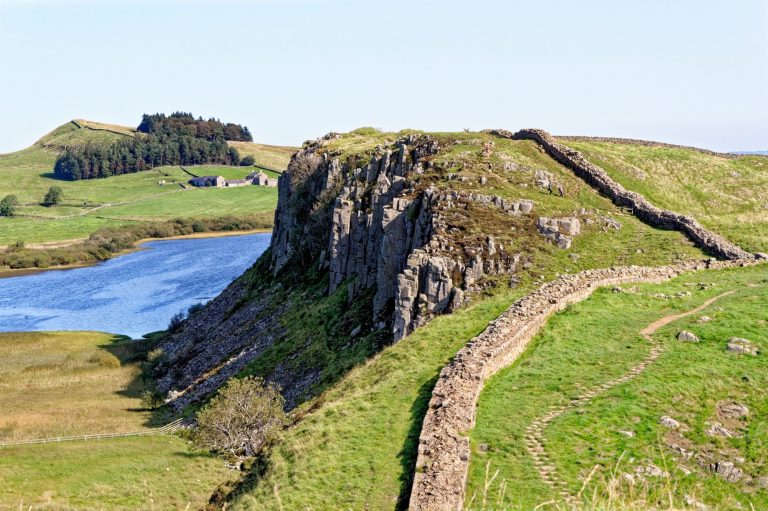 View showing Hadrian's Wall working its way up Highshield Crags.
