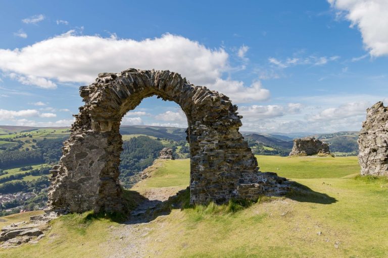 Looking through the stone remains of an archway at Dinas Bran near Llangollen