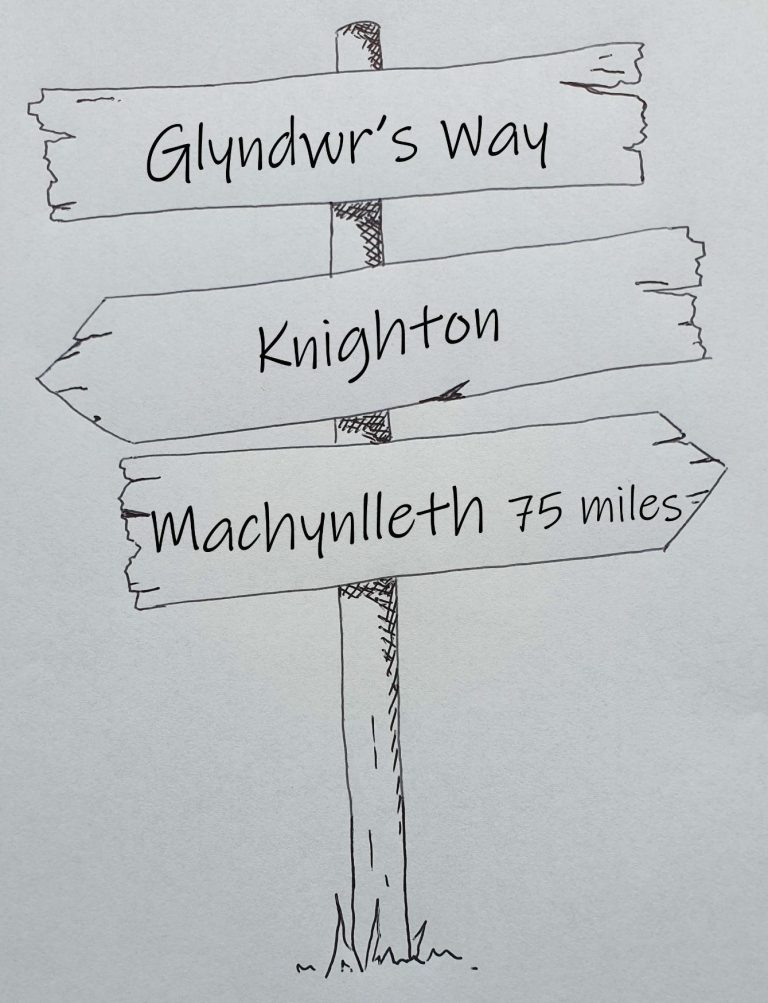 Hand drawn signpost showing Glyndwr's Way, knighton to Machynlleth 75 miles