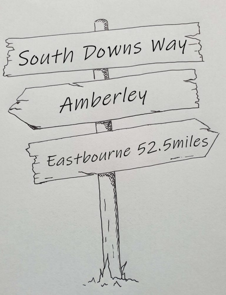 Hand drawn sign post showing the South Downs Way east section